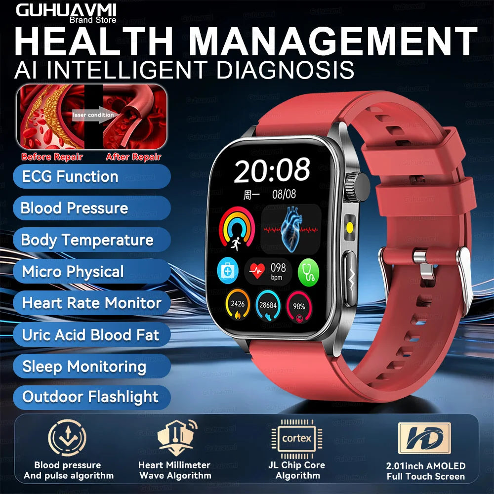 2025 New Laser therapy+ECG+HRV High-end Health Watch Men Body analysis Blood pressure lipids Uric acid Health Tracker Smartwatch