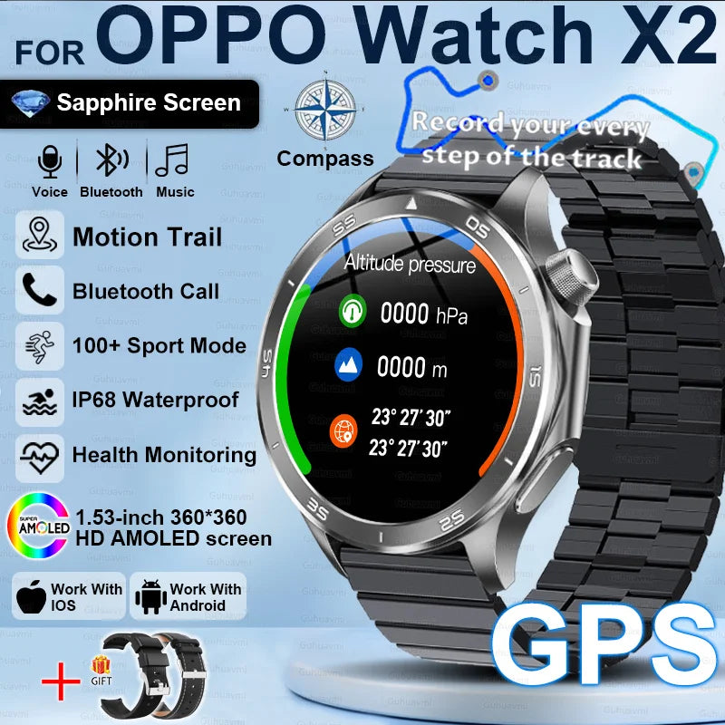 2025New For OPPO Watch X2 Smart Watch Men GPS Track Compass AMOLED Screen Bluetooth Call Heart Rate IP68 Waterproof Smartwatches