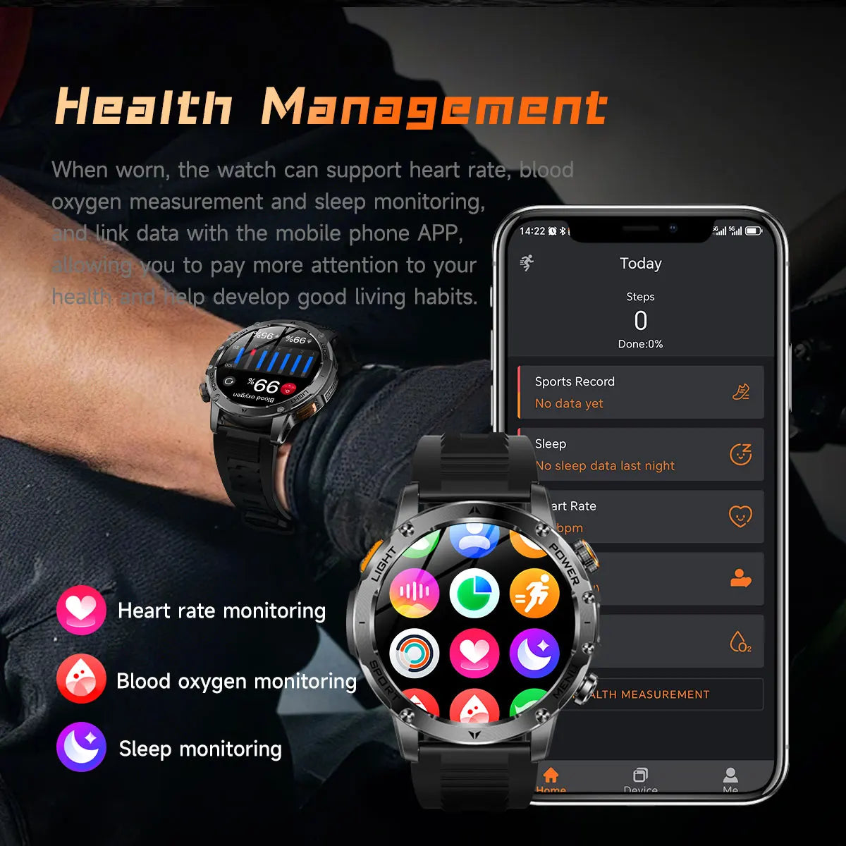 New Military Smart Watch Men 1.7 inches HD AMOLED Screen 100+Sports Heart Rate 1000Mah Battery HD Call 10ATM Waterproof Bracelet