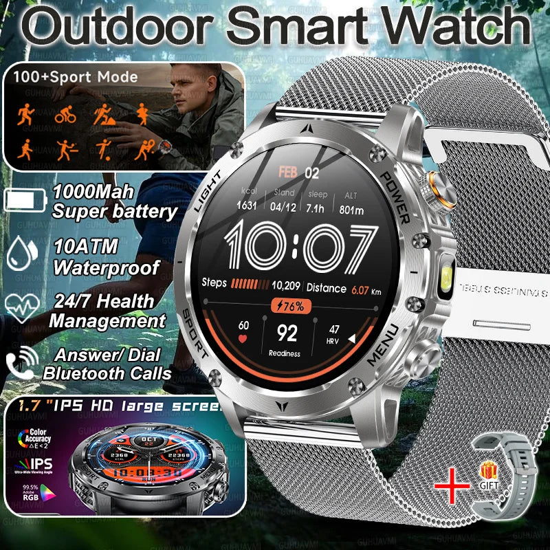 New Military Smart Watch Men 1.7 inches HD AMOLED Screen 100+Sports Heart Rate 1000Mah Battery HD Call 10ATM Waterproof Bracelet