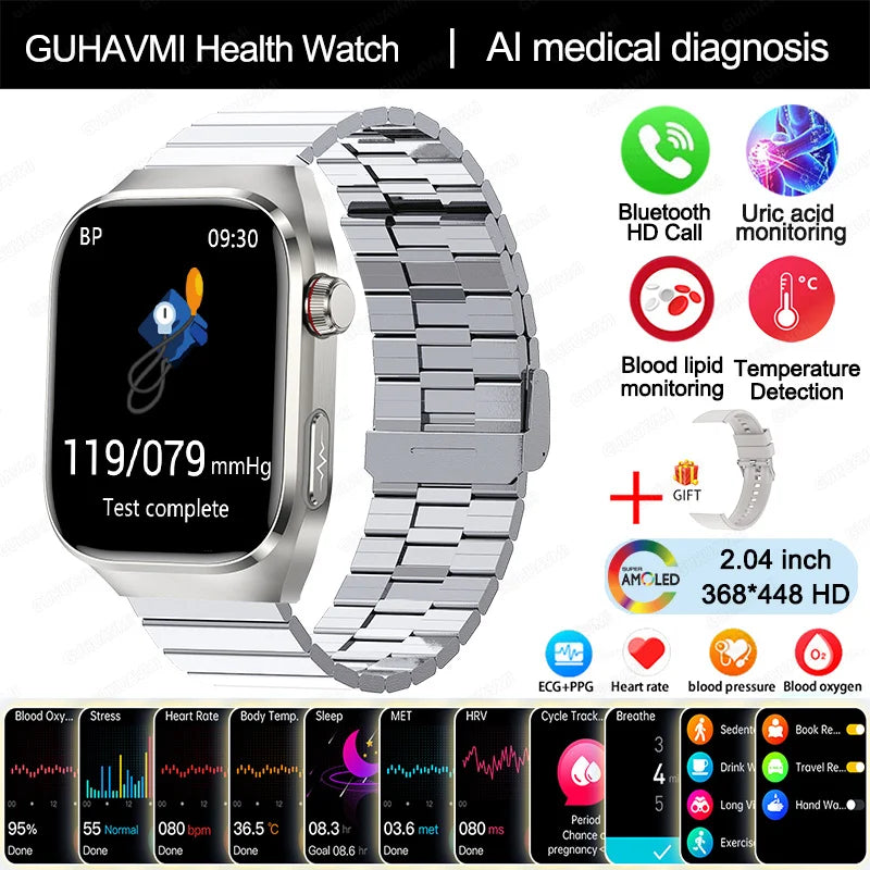 New Blood Pressure Uric Acid Body Fat Smartwatch Micro Physical Examination Five Organ Health Watches Bluetooth Call Smart Watch