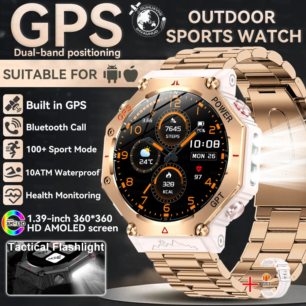 2025New T-Rex 3Ultra Outdoors GPS Smart Watch 10ATM IP68 Waterproof Tactical Flashlight Compass Outdoor sport high-end watch Men