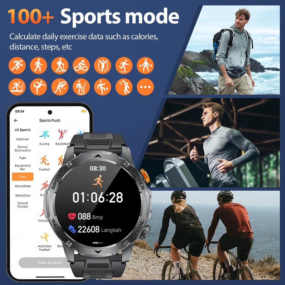 LIGE New Smart Watch Men 1000mAh Large Capacity Battery Outdoor Flashlight Bluetooth Call Waterproof Sport Fitness Smartwatch