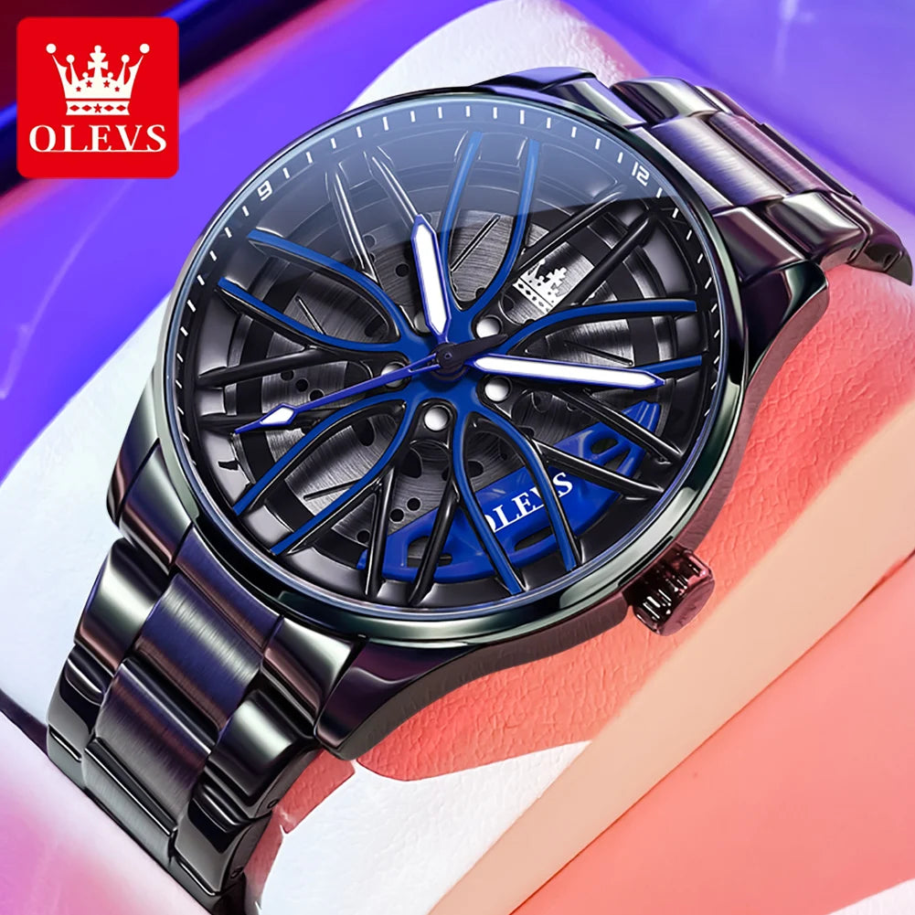 OLEVS 9937 Mens Watch Original Rotatable Wheel Hub Dial Fashion Trend Quartz Watch Waterproof Luminous Stainless Steel Reloj