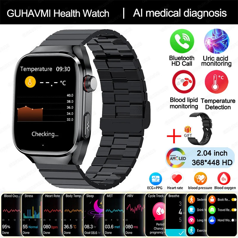 New Blood Pressure Uric Acid Body Fat Smartwatch Micro Physical Examination Five Organ Health Watches Bluetooth Call Smart Watch
