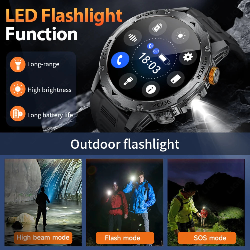 LIGE New Smart Watch Men 1000mAh Large Capacity Battery Outdoor Flashlight Bluetooth Call Waterproof Sport Fitness Smartwatch