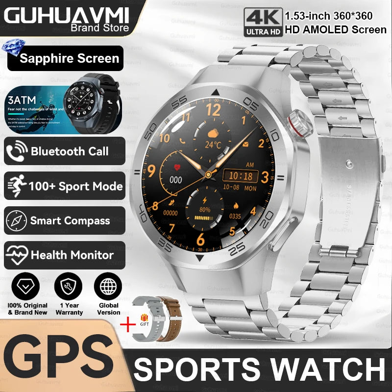2025 New GPS Trackr GT5 Pro SmartWatch Men Heart Rate Bluetooth Call Compass 3ATM Waterproof Outdoor Sports Smart Bracelet Women