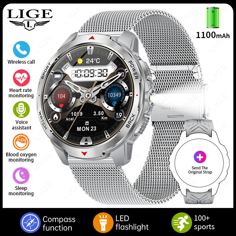 LIGE New Smart Watch Men 1100mah Large Capacity Battery Compass Outdoor 3ATM Waterproof Sports Fitness Bluetooth Call Smartwatch