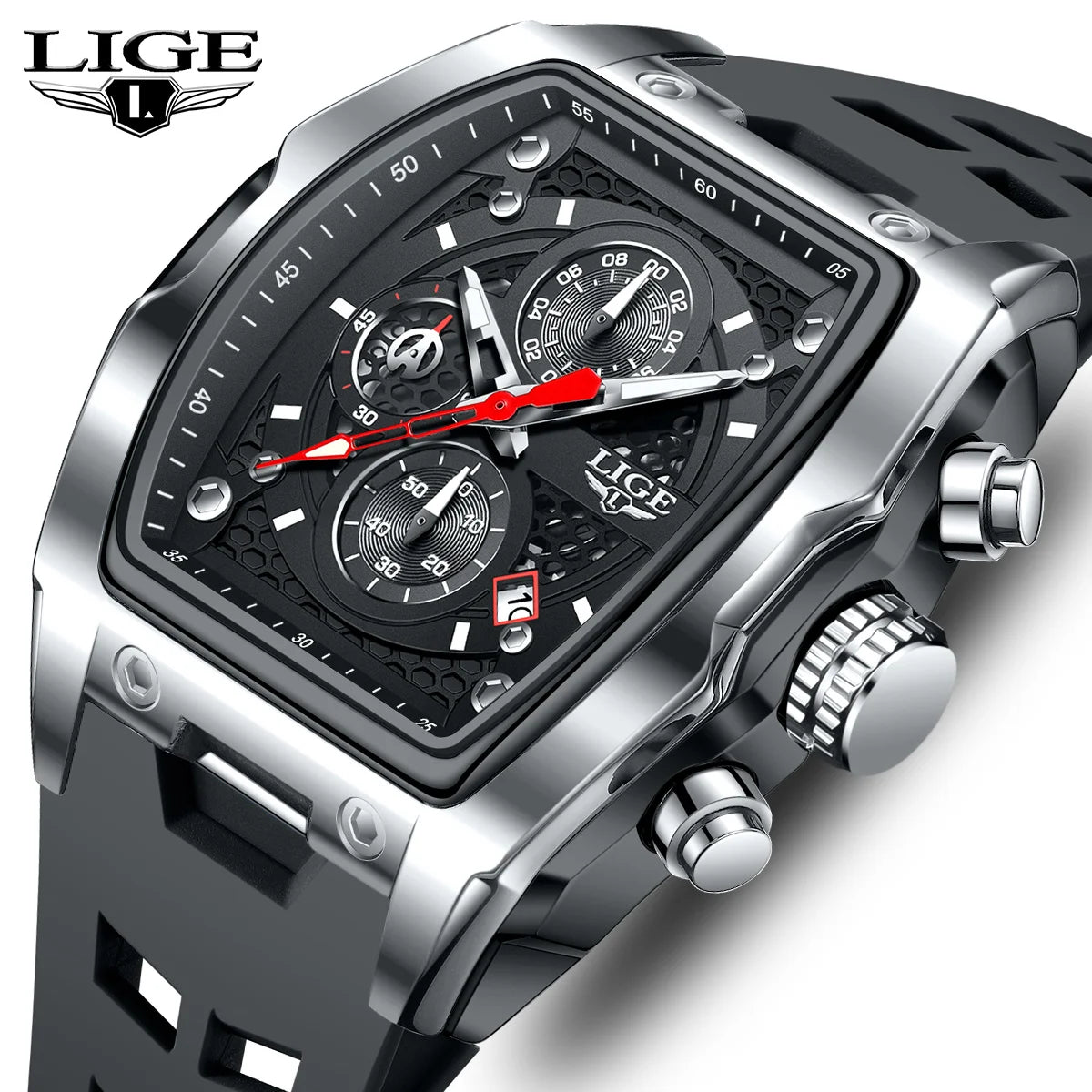 LIGE Silicone Watch Fashion Military Sports Waterproof Quartz Watches Calendar Luminous Men's Watch Chronograph Watches for Man
