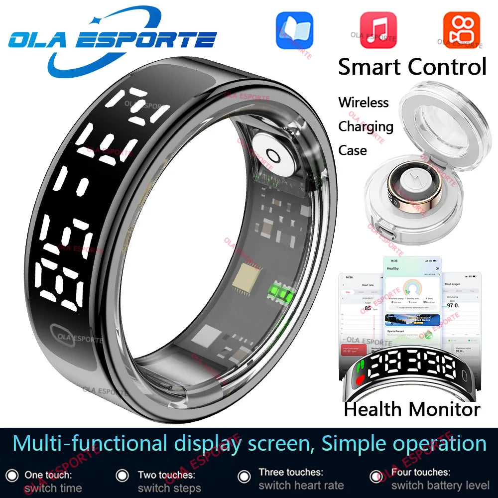 2025 Smart Ring with Display Screen and Touch, Wireless Charging Case,Health Manager, 5ATM Waterproof For Men Women R12 R13 Ring