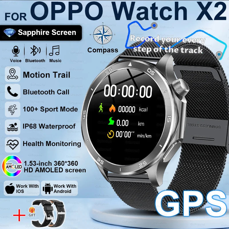 2025New For OPPO Watch X2 Smart Watch Men GPS Track Compass AMOLED Screen Bluetooth Call Heart Rate IP68 Waterproof Smartwatches