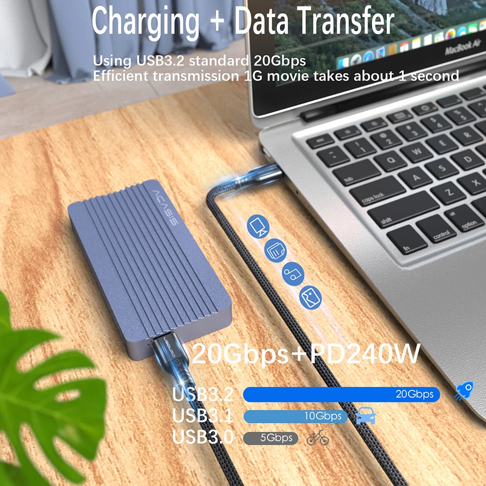 Full function 20Gbps Type C Cable USB3.2 gen2 *2 USB C 20G Data Transfer Cord USB 3 240W Fast Charge Cable 4K For Hub MacBook 3m