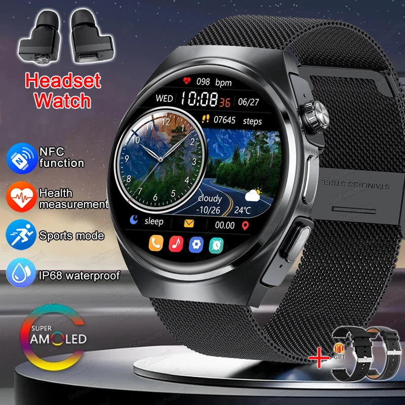 2025 New Original Smart Watch 2 in 1 Earbuds Watches 360*360 AMOLED Call Health Monitor Sport Tracker NFC Waterproof Smartwatchs