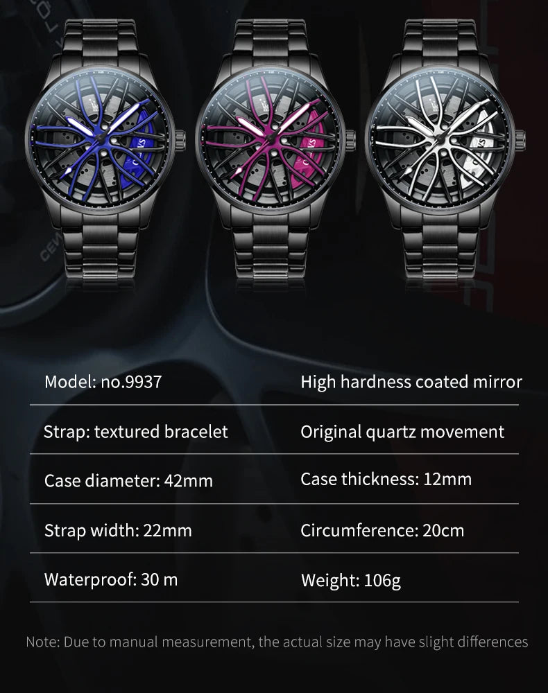 OLEVS 9937 Mens Watch Original Rotatable Wheel Hub Dial Fashion Trend Quartz Watch Waterproof Luminous Stainless Steel Reloj