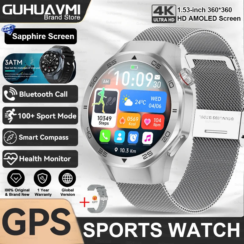 2025 New GPS Trackr GT5 Pro SmartWatch Men Heart Rate Bluetooth Call Compass 3ATM Waterproof Outdoor Sports Smart Bracelet Women