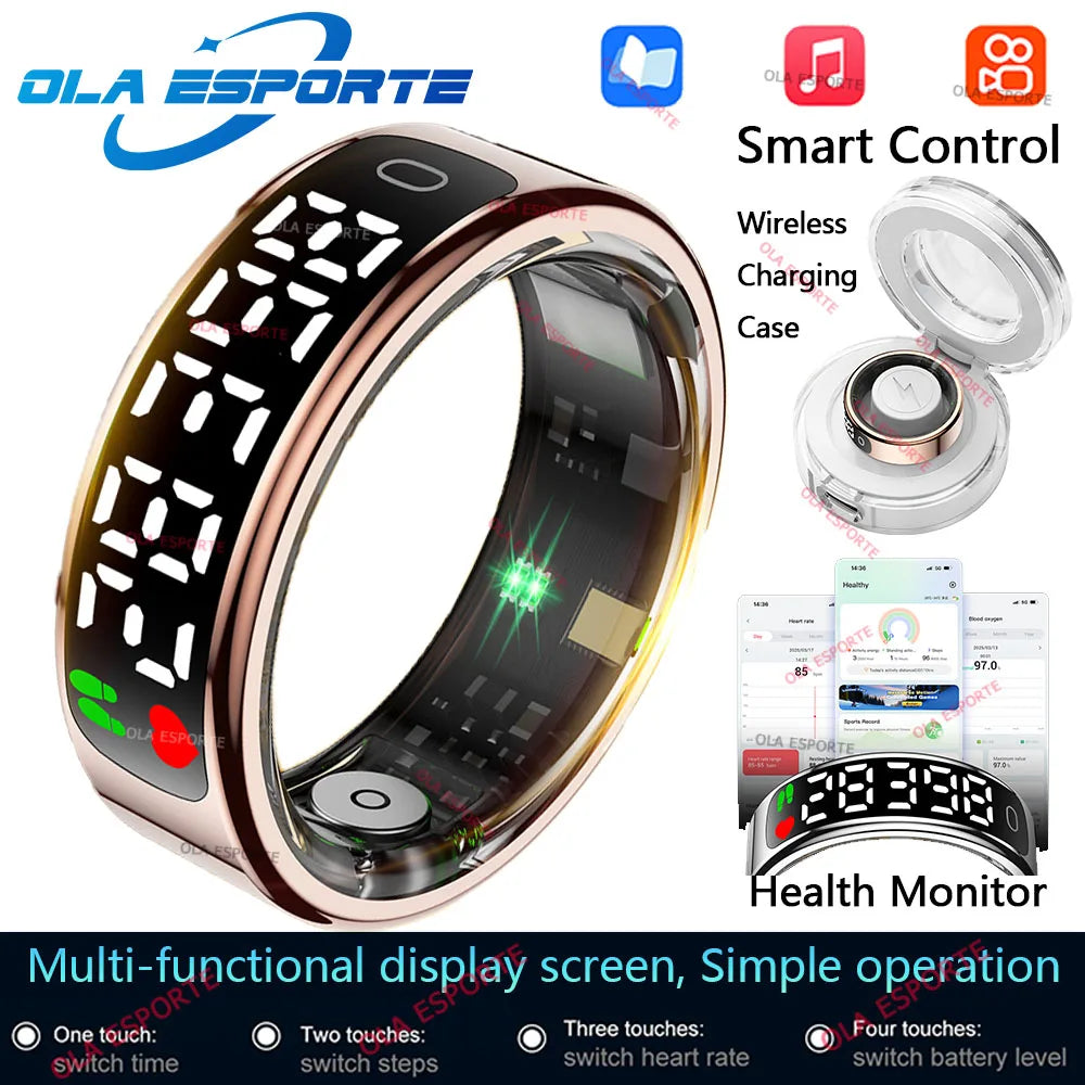 2025 Smart Ring with Display Screen and Touch, Wireless Charging Case,Health Manager, 5ATM Waterproof For Men Women R12 R13 Ring
