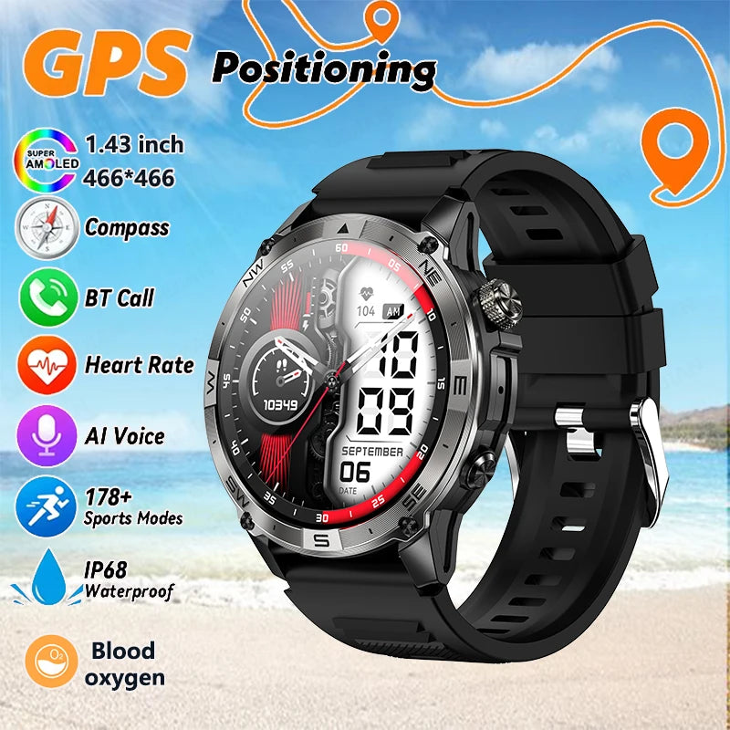 2025New Smart Watch Built-in GPS Positioning AMOLED Screen1.43-inch Heart Rate Blood Oxygen IP68 NFC Barometer Gauge Smartwatch