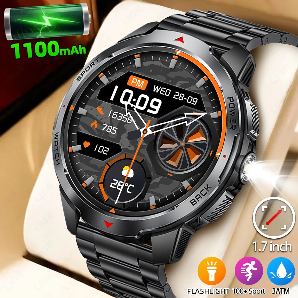LIGE New Smart Watch Men 1100mah Large Capacity Battery Compass Outdoor 3ATM Waterproof Sports Fitness Bluetooth Call Smartwatch