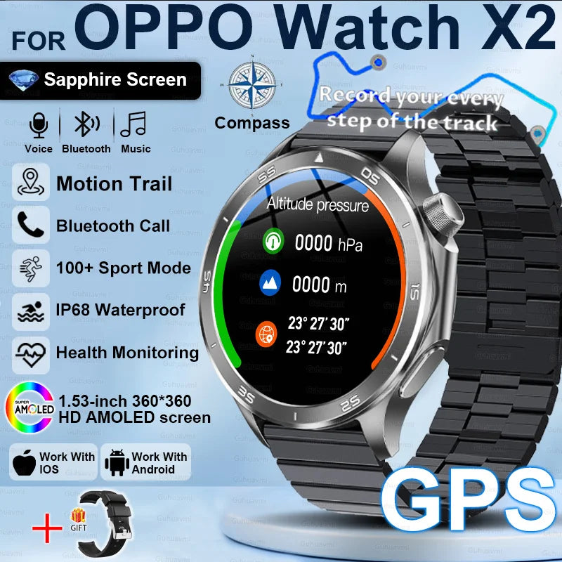 2025New For OPPO Watch X2 Smart Watch Men GPS Track Compass AMOLED Screen Bluetooth Call Heart Rate IP68 Waterproof Smartwatches