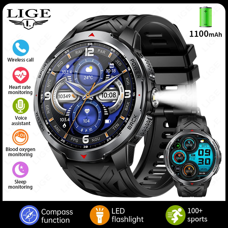 LIGE New Smart Watch Men 1100mah Large Capacity Battery Compass Outdoor 3ATM Waterproof Sports Fitness Bluetooth Call Smartwatch