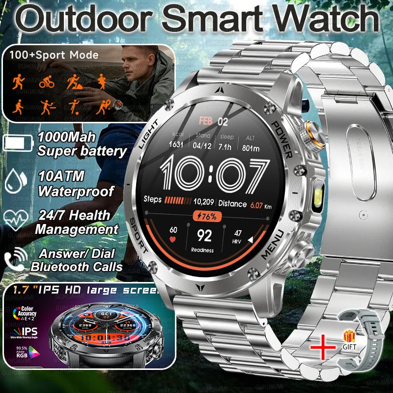 New Military Smart Watch Men 1.7 inches HD AMOLED Screen 100+Sports Heart Rate 1000Mah Battery HD Call 10ATM Waterproof Bracelet