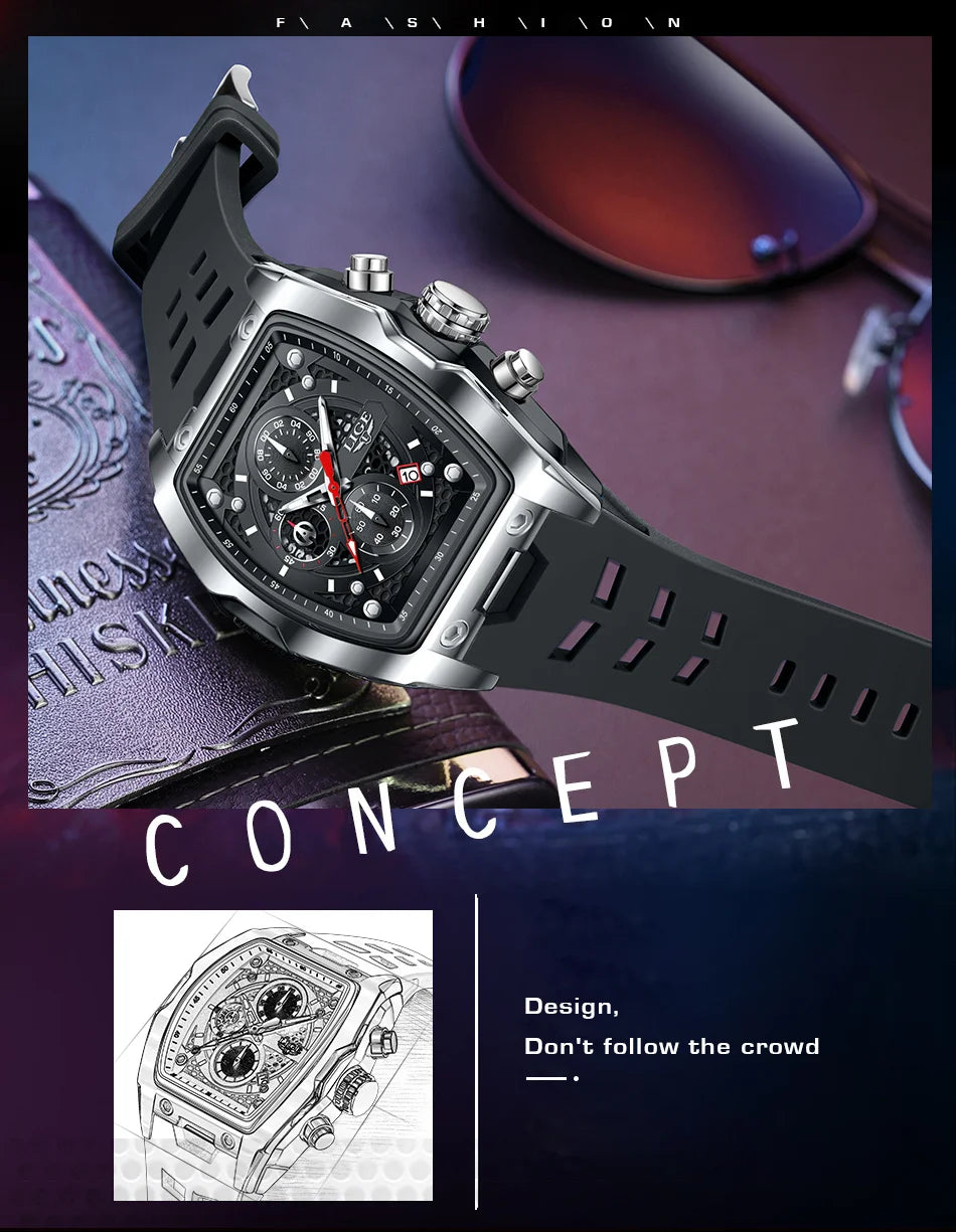 LIGE Silicone Watch Fashion Military Sports Waterproof Quartz Watches Calendar Luminous Men's Watch Chronograph Watches for Man