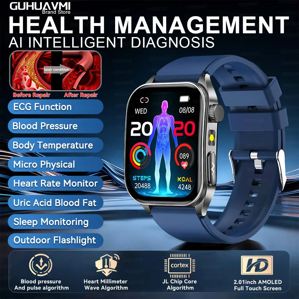 2025 New Laser therapy+ECG+HRV High-end Health Watch Men Body analysis Blood pressure lipids Uric acid Health Tracker Smartwatch