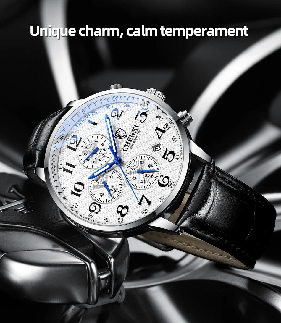 Brand CHENXI Watch Men Chronograph Clock Leather Casual High Quality Quartz Watches For Men Wrist Waterproof Sports Male Clock