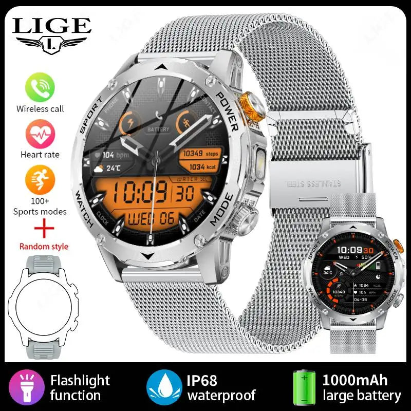 LIGE New Smart Watch Men 1000mAh Large Capacity Battery Outdoor Flashlight Bluetooth Call Waterproof Sport Fitness Smartwatch