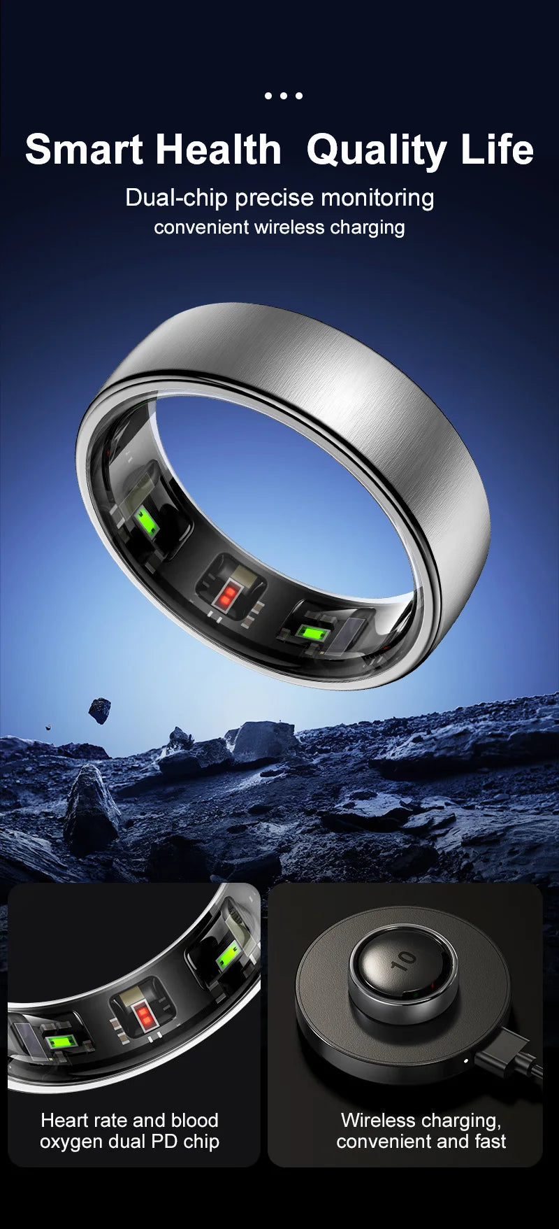 Uhoofit R10 Smart Ring with Charging Dock Men Women Health Sleep Heart Rate Monitoring IP68 & 5ATM Waterproof Multi-sport Mode