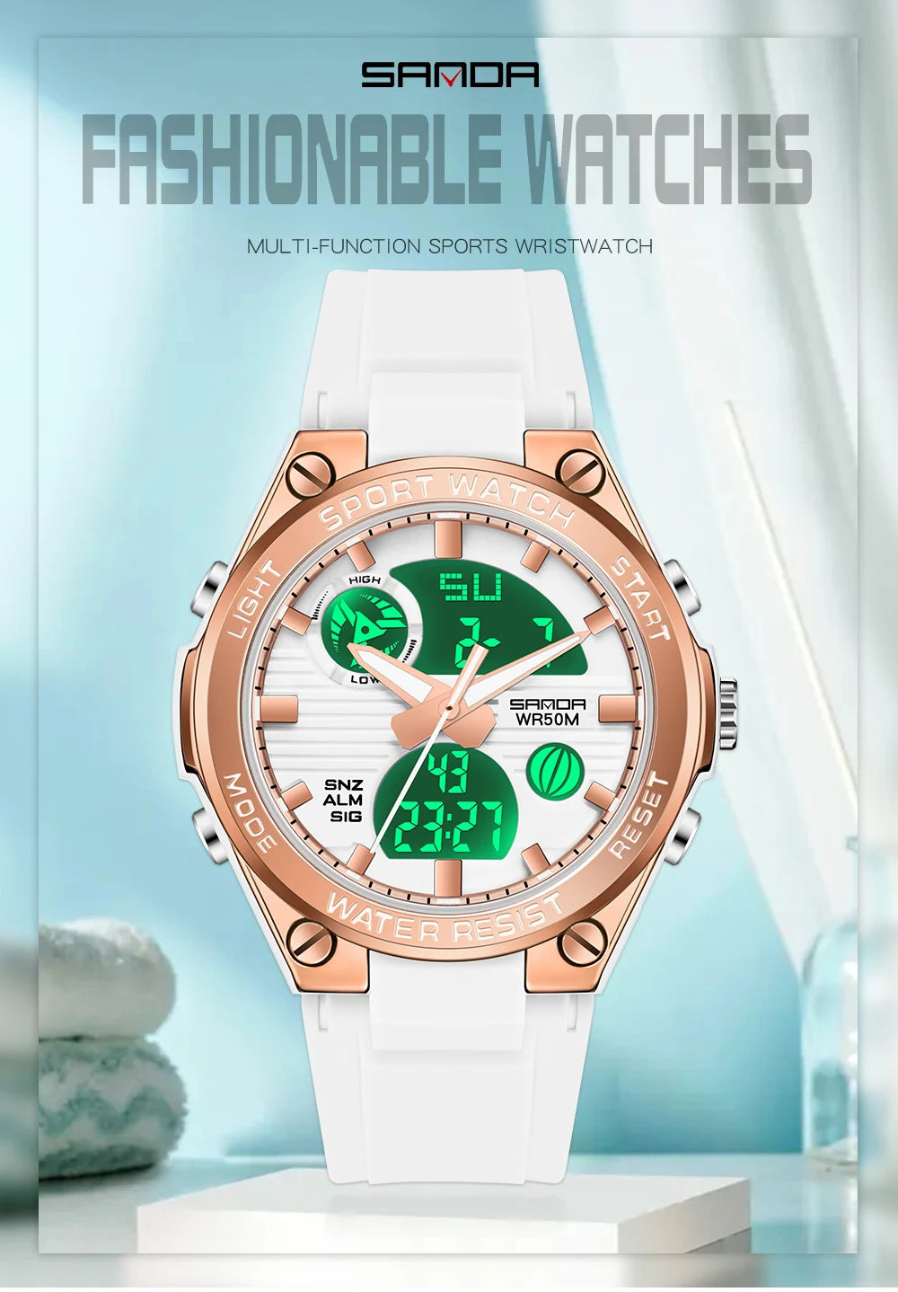 SANDA 6067 Digital Watch Women's Macaron Sport Chronograph Calendar Lady Quartz Wristwatch 50m Waterproof LED Electronic Clock