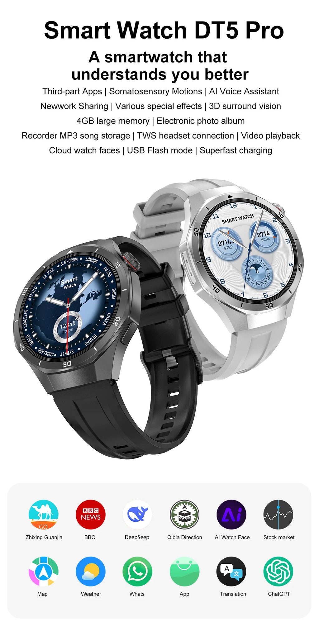 2025 New Smart Watch Men AMOLED Screen 4GB Memory Music Player GPS Sports Fitness Tracker IP68 Waterproof Smartwatches