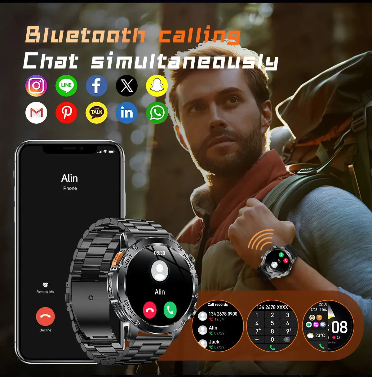 New Military Smart Watch Men 1.7 inches HD AMOLED Screen 100+Sports Heart Rate 1000Mah Battery HD Call 10ATM Waterproof Bracelet