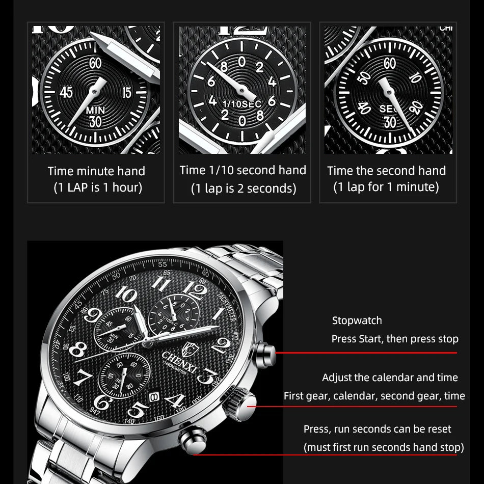 Brand CHENXI Watch Men Chronograph Clock Leather Casual High Quality Quartz Watches For Men Wrist Waterproof Sports Male Clock