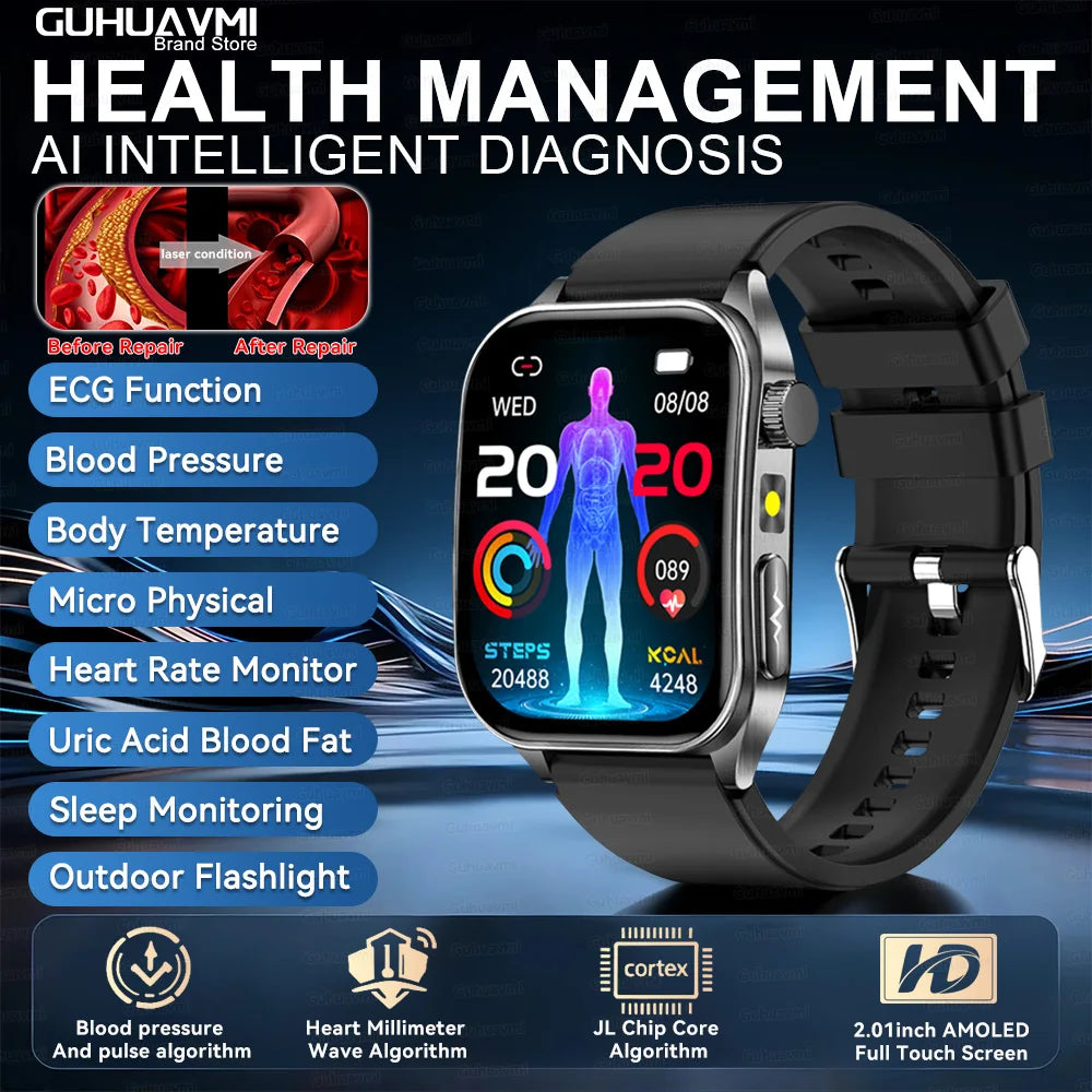 2025 New Laser therapy+ECG+HRV High-end Health Watch Men Body analysis Blood pressure lipids Uric acid Health Tracker Smartwatch