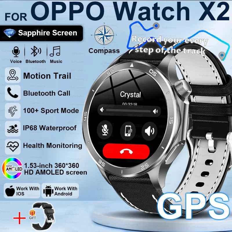 2025New For OPPO Watch X2 Smart Watch Men GPS Track Compass AMOLED Screen Bluetooth Call Heart Rate IP68 Waterproof Smartwatches