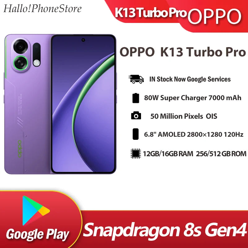 OPPO K13 Turbo Pro 5G Snapdragon 8s Gen4  6.8" AMOLED 120Hz 7000mAh Battery 80W SuperVOOC 50MP Camera NFC OTA  Turbo ColorOS 15