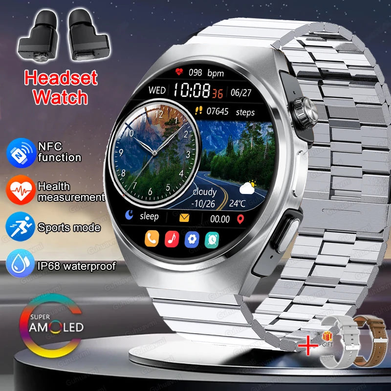 2025 New Original Smart Watch 2 in 1 Earbuds Watches 360*360 AMOLED Call Health Monitor Sport Tracker NFC Waterproof Smartwatchs
