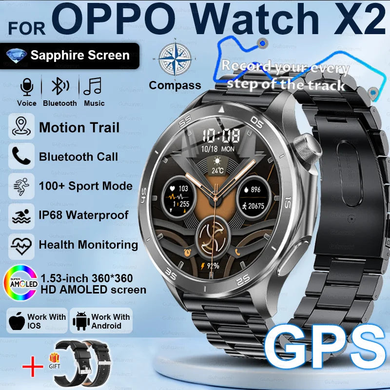 2025New For OPPO Watch X2 Smart Watch Men GPS Track Compass AMOLED Screen Bluetooth Call Heart Rate IP68 Waterproof Smartwatches