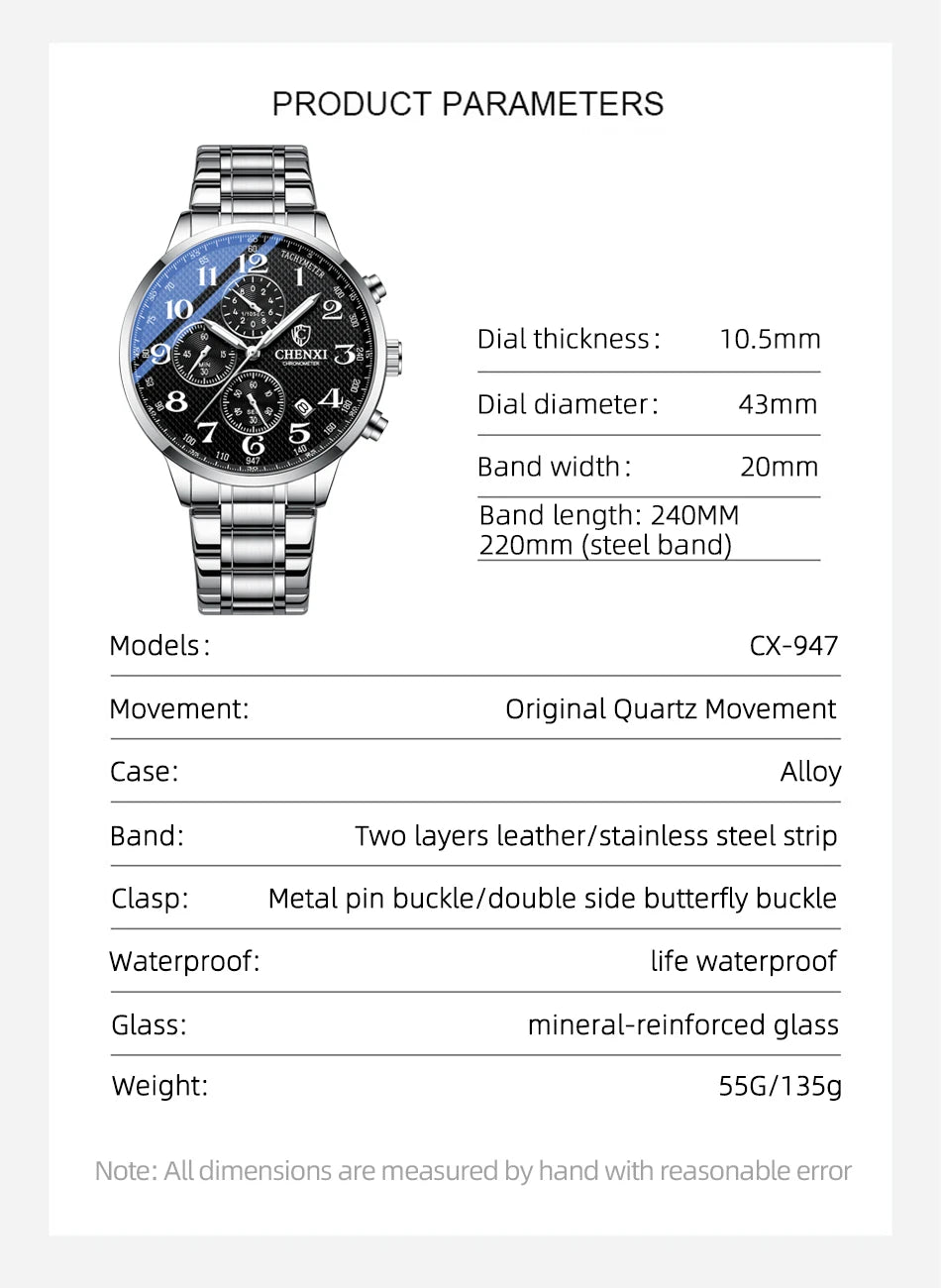 Brand CHENXI Watch Men Chronograph Clock Leather Casual High Quality Quartz Watches For Men Wrist Waterproof Sports Male Clock