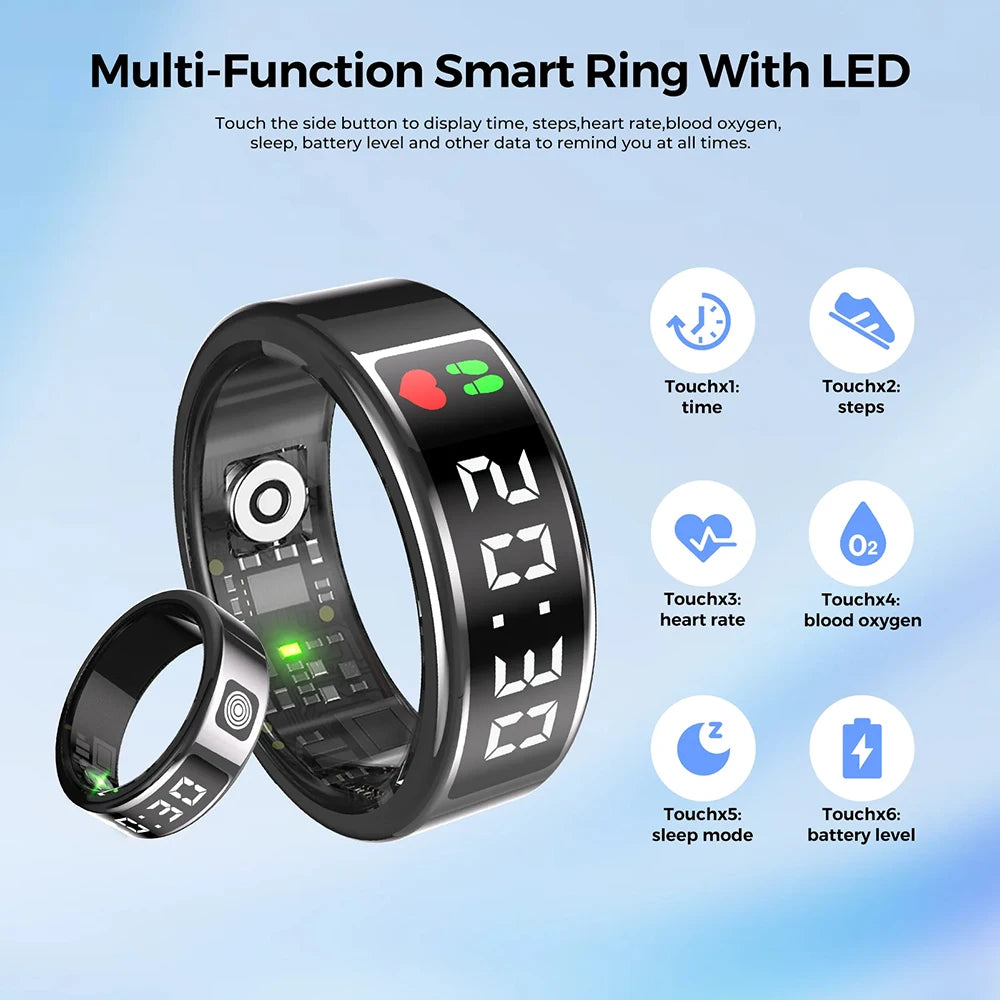2025 New SR08 Smart Ring Men Women LED Display Screen Heart Rate Blood Oxygen Monitoring 5ATM Waterproof Multi Sports Modes Gift
