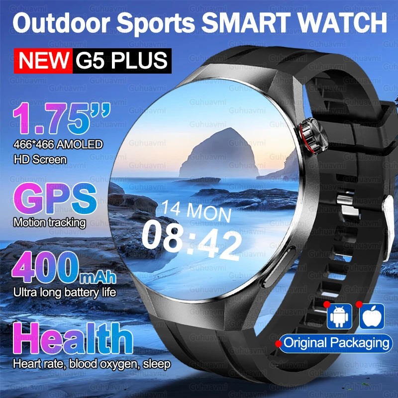 2025 New Watch G5 PlUS Smart Watch Men 1.75"AMOLED Screen GPS Track Compass Heart Rate Bluetooth Call SmartWatch For Android IOS