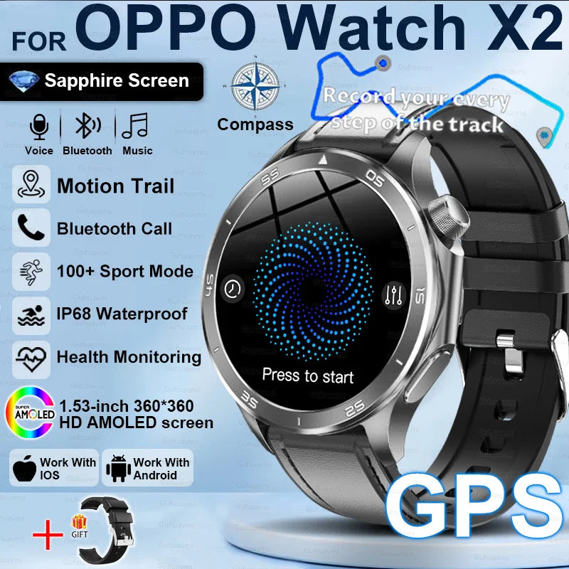 2025New For OPPO Watch X2 Smart Watch Men GPS Track Compass AMOLED Screen Bluetooth Call Heart Rate IP68 Waterproof Smartwatches